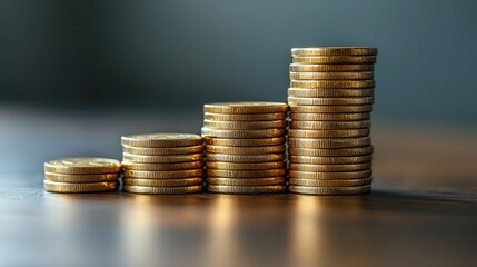 Four stacks of gold coins arranged in ascending order on a wooden surface, representing financial growth and savings.