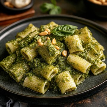 Pesto Pasta Perfection Fresh Green and Topped with Pine Nuts