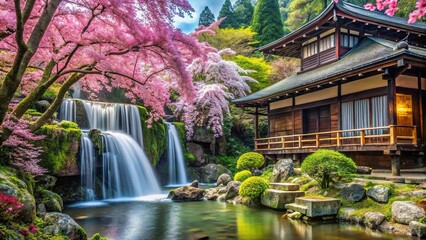 Volumetric Japanese house with waterfall and sakura trees in wide-angle view