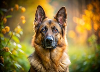 Beautiful Alsatian Dog in Nature: Majestic, Loyal Companion with Stunning Coat and Alert Expression in Outdoor Settings