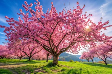 Naklejka premium Beautiful Anime Cherry Tree in Bloom with Pink Blossoms and Serene Landscape for Nature and Fantasy Themes