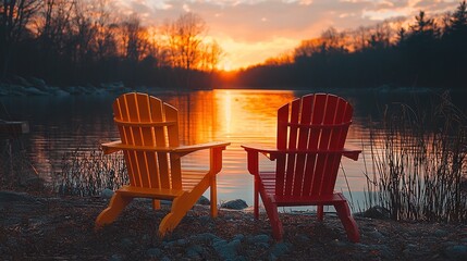 Naklejka premium Red & Yellow Chairs by Water, Sunset Backdrop