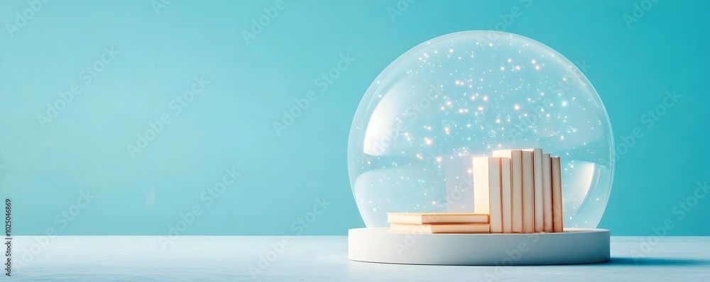 Poster enchanted floating library in a glowing bubble - a surreal haven of knowledge and peaceful imaginati