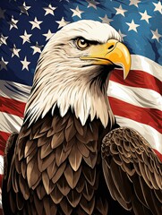 Bald Eagle Portrait with American Flag Background