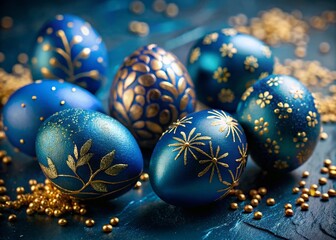 Beautiful Blue Easter Eggs with Golden Decorations on Dark Blue Table for Greeting Card Design