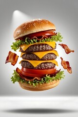 Tasty burger in mid-air with bursting sauce