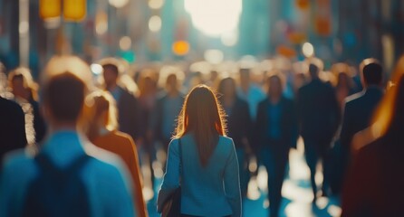 A crowd of people walking down the street, blurred background High angle view with bokeh effect A large group of businesspeople and ordinary citizens in urban setting Generative AI