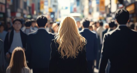 A crowd of people, walking in the city center on sunny day The background is blurred and only the faces can be seen clearly In front there's an attractive woman with long blonde hair Generative AI