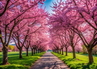 Naklejka premium Beautiful cherry blossom trees in full bloom, creating a stunning pink landscape during spring season in nature's