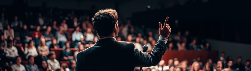 Public speaker engaging audience with dynamic presentation and supportive crowd in a modern venue.