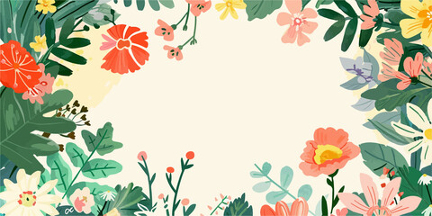 A colorful, vibrant tropical floral border with a variety of flowers and leaves, perfect for creative designs, invitations, or backgrounds. Features hibiscus, lilies, and lush greenery for a summery f