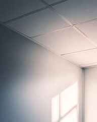 Obraz premium 薄暗い部屋の隅で、自然光が当たる壁と天井の交差ポイントの様子