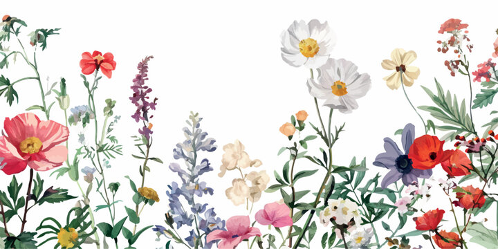 A colorful, vibrant tropical floral border with a variety of flowers and leaves, perfect for creative designs, invitations, or backgrounds. Features hibiscus, lilies, and lush greenery for a summery f