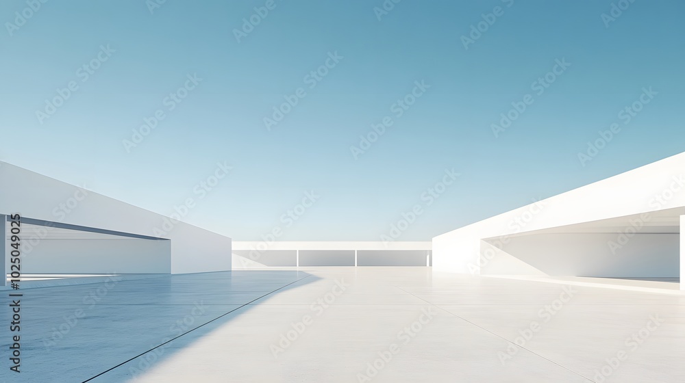 Poster 1. a spacious 3d rendering of a white minimal architecture building set against a clear blue sky, fe