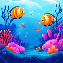 Fototapeta premium Colorful Fish Coral Reefs Underwater Cartoon Vector Illustration