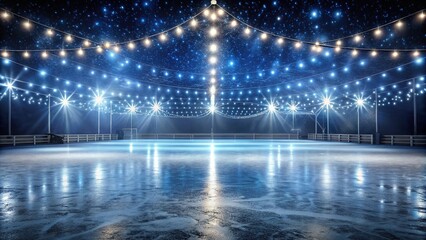 Winter night scene of a symmetrical snow and ice rink illuminated by lights