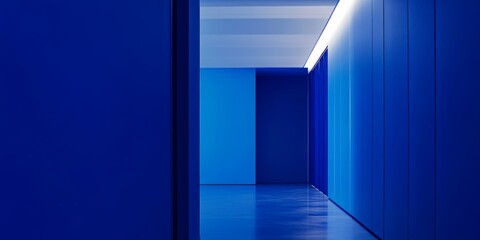Obraz premium 淡い青色の壁に囲まれた静かな廊下が光で照らされている様子を示しています