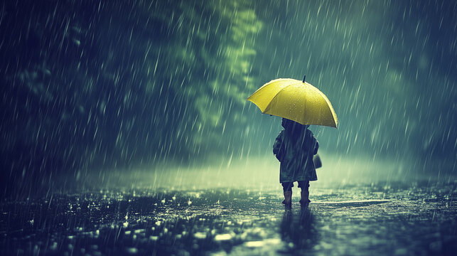 A lone figure stands under a yellow umbrella in a torrential downpour.