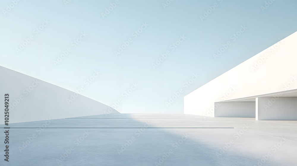 Poster 1. a spacious 3d rendering of a white minimal architecture building set against a clear blue sky, fe