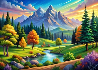 Beautiful Drawing Landscape Sketch of Mountains and Trees in a Serene Nature Setting for Art and Design Inspiration