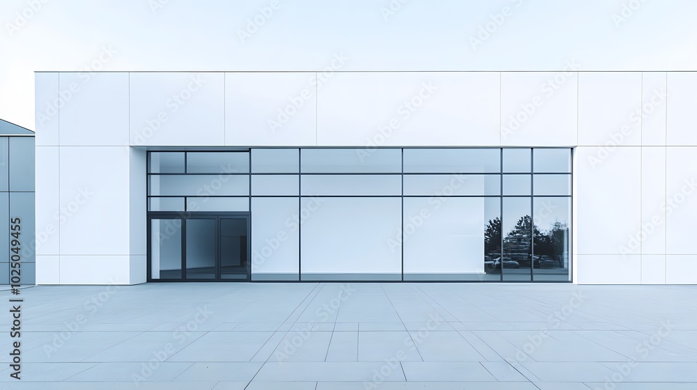 Poster 2. an elegant scene showcasing a modern white building with a vast empty area, highlighted by a smoo