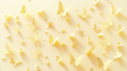 Obraz premium A group of yellow butterflies flying in a yellow sky with a shadow on the left