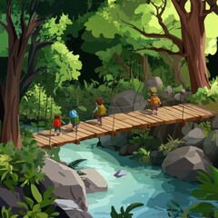 Obraz premium Cartoon Adventurers Crossing Wooden Bridge in Forest