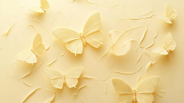   A cluster of sun-colored butterflies against a vibrant yellow backdrop, framed by two parallel white walls