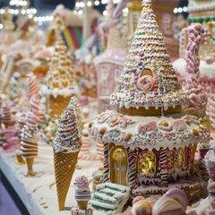 Naklejka premium Candy Coated Kingdom Gingerbread Houses Ice Cream Cones
