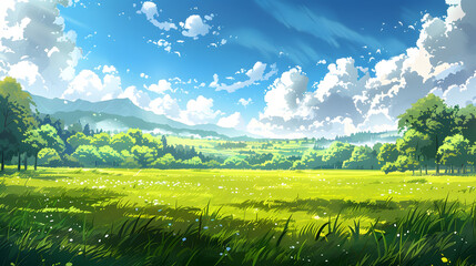 Fototapeta premium Vibrant Fresh Green Grassland Under Clear Sky – Nature Landscape Background.