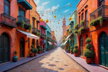 Obraz premium Colorful Mediterranean street with string lights and distant tower