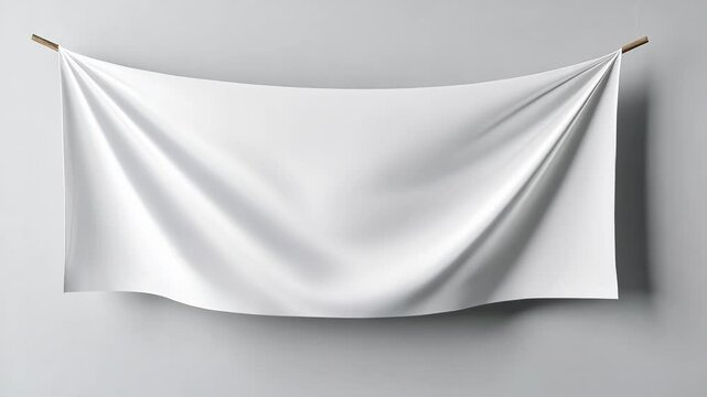 A white banner hangs on a gray wall, ready to be filled with text or a design