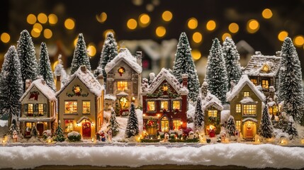 Fototapeta premium Snowy Christmas Village at Night with Twinkling Lights