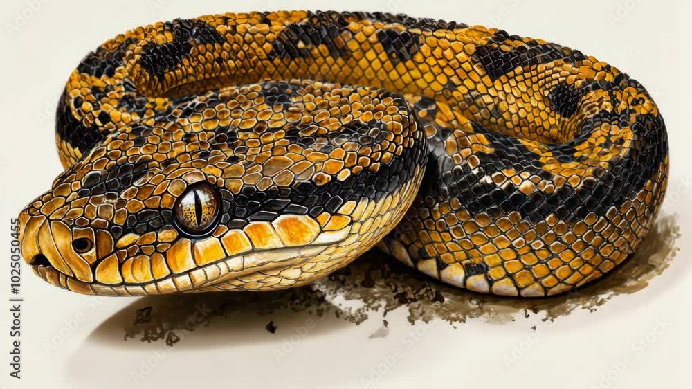 Poster a yellow and black snake with a distinct pattern rests on a white background