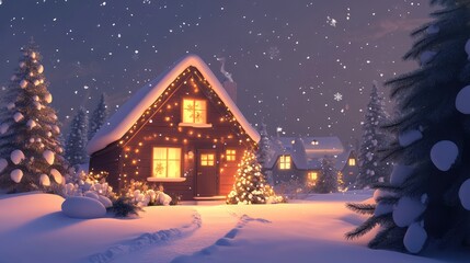 Naklejka premium Winter Wonderland Cute House with Holiday Lights -- AI generated illustration.