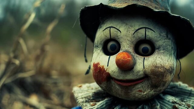 Creepy scarecrow with a wide grin and eerie eyes stands in a field, exuding an unsettling vibe with its worn-out, decaying appearance and rustic setting.