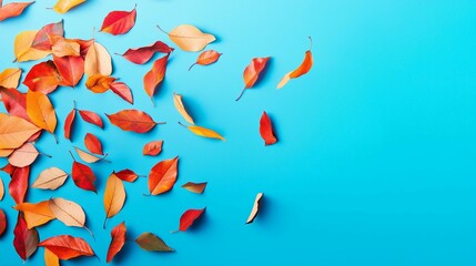 Beautiful bright colorful autumn leaves falling in the air isolated on blue background. Zero gravity or levitation autumn conception. High resolution image.
