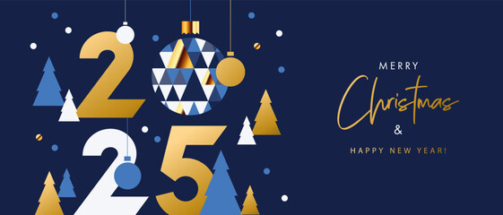 Merry Christmas and Happy New Year banner, greeting card, poster, holiday cover. Modern Xmas design in geometric style with triangle pattern, Christmas tree, ball, snow and 2025 number on night blue 