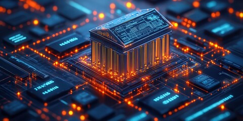Futuristic concept of digital banking with a glowing microchip and circuit board representing modern financial technology integration.