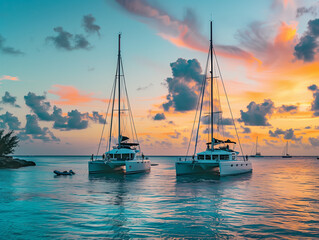Two catamarans are anchored side by side at sunset