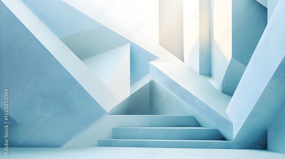Poster 2. an intricate geometric backdrop with layered 3d shapes in light blue and white, perfect for showc