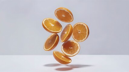 Orange slices are falling in the air, one of which is orange.
