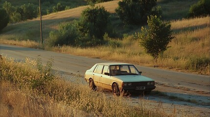 Abandoned Fire-Damaged Car on Desolate Highway at Sunset - Overgrown Weeds Enveloping a Forgotten Vehicle in a Dramatic Landscape