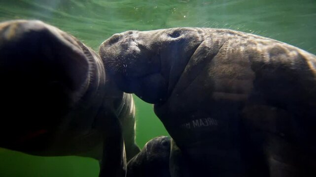 Manatee sweet litle baby calf playing with mother in green water in natural habitat. Underwater marine wildlife. Beautiful aquatic animals. Snorkeling manatees. Animals in Singapore oceanarium.