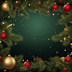 Green Christmas background with fir branches and decorations. with copyspace 