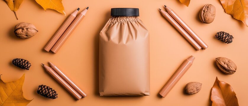 Creative flat lay of a sealed brown package with autumn leaves and nuts on a warm orange backdrop.