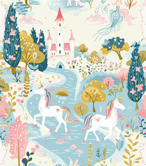 A seamless pattern featuring whimsical unicorns, castles, and enchanted forests in pastel colors. Perfect for children's illustrations, nursery decor, or fantasy-themed designs. The scene includes mag