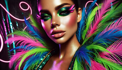 Woman wearing colourful feathery dress and creative makeup