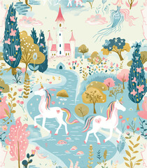 A seamless pattern featuring whimsical unicorns, castles, and enchanted forests in pastel colors. Perfect for children's illustrations, nursery decor, or fantasy-themed designs. The scene includes mag