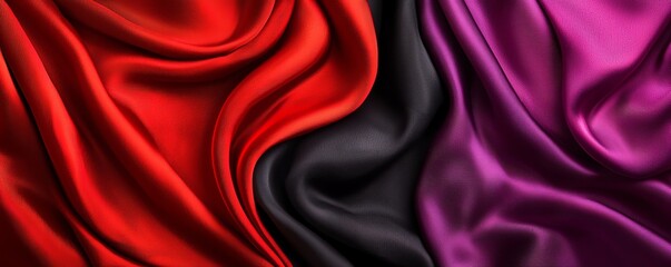 Obraz premium Vibrant, luxurious fabrics in red, black, and purple gently drape together, showcasing rich textures and elegant colors.